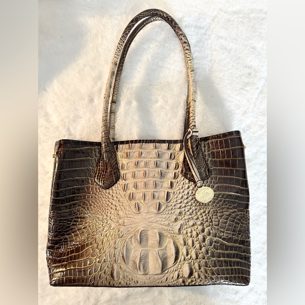 Brahmin Patent Leather Croc Embossed tote bag. Brass Feet. Brahmin Brass Charm